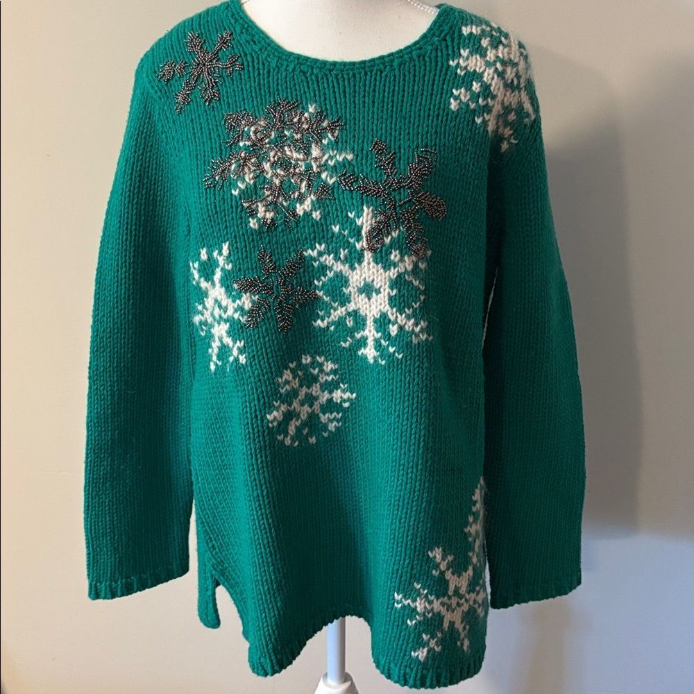 Vintage J. Jill Wool & Mohair Blend Beaded Green Snowflake Sweater. Size Medium